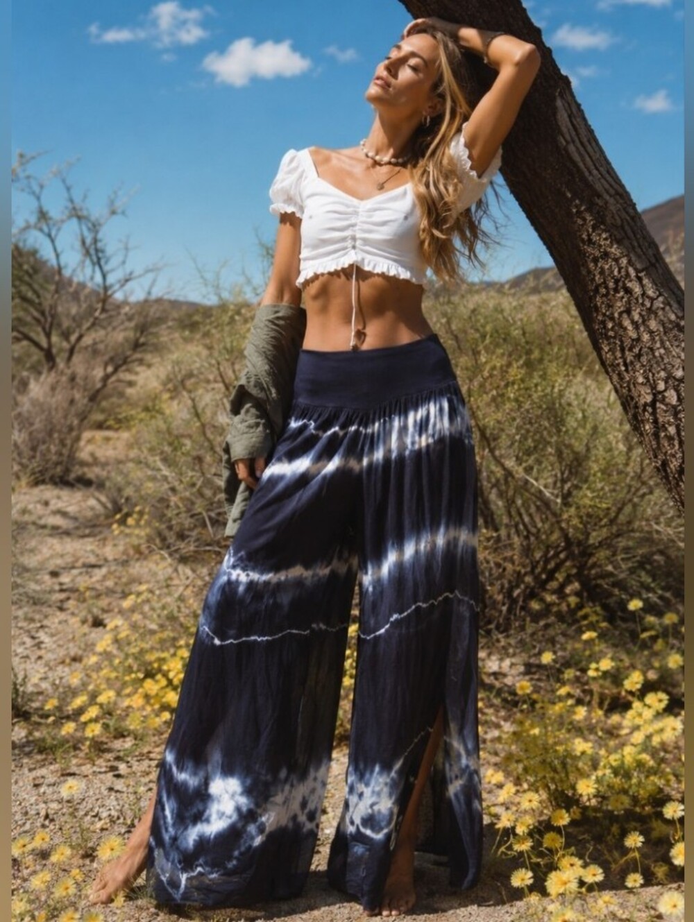 Gigi Moda Made In Italy Silk Jasmin Blue Tie Dye Slit Wide Leg Pants OS